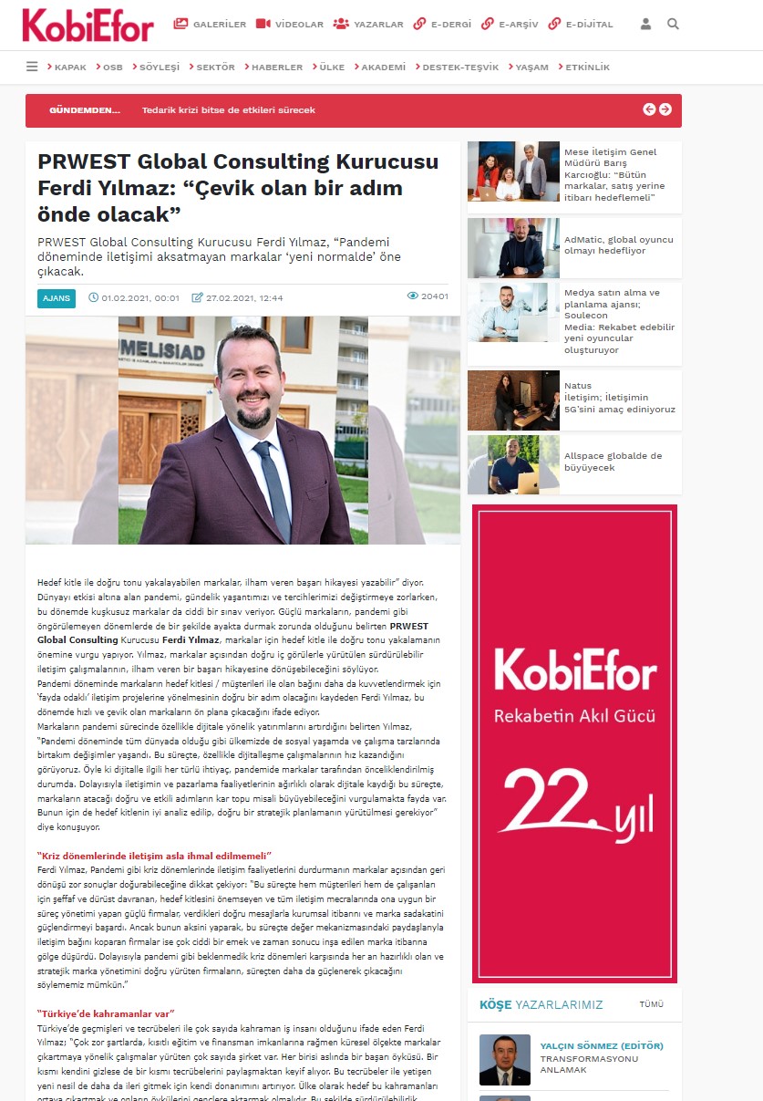 Sanayi Ekonomi Dergisi Kobi Efor, şirketimize yer verdi